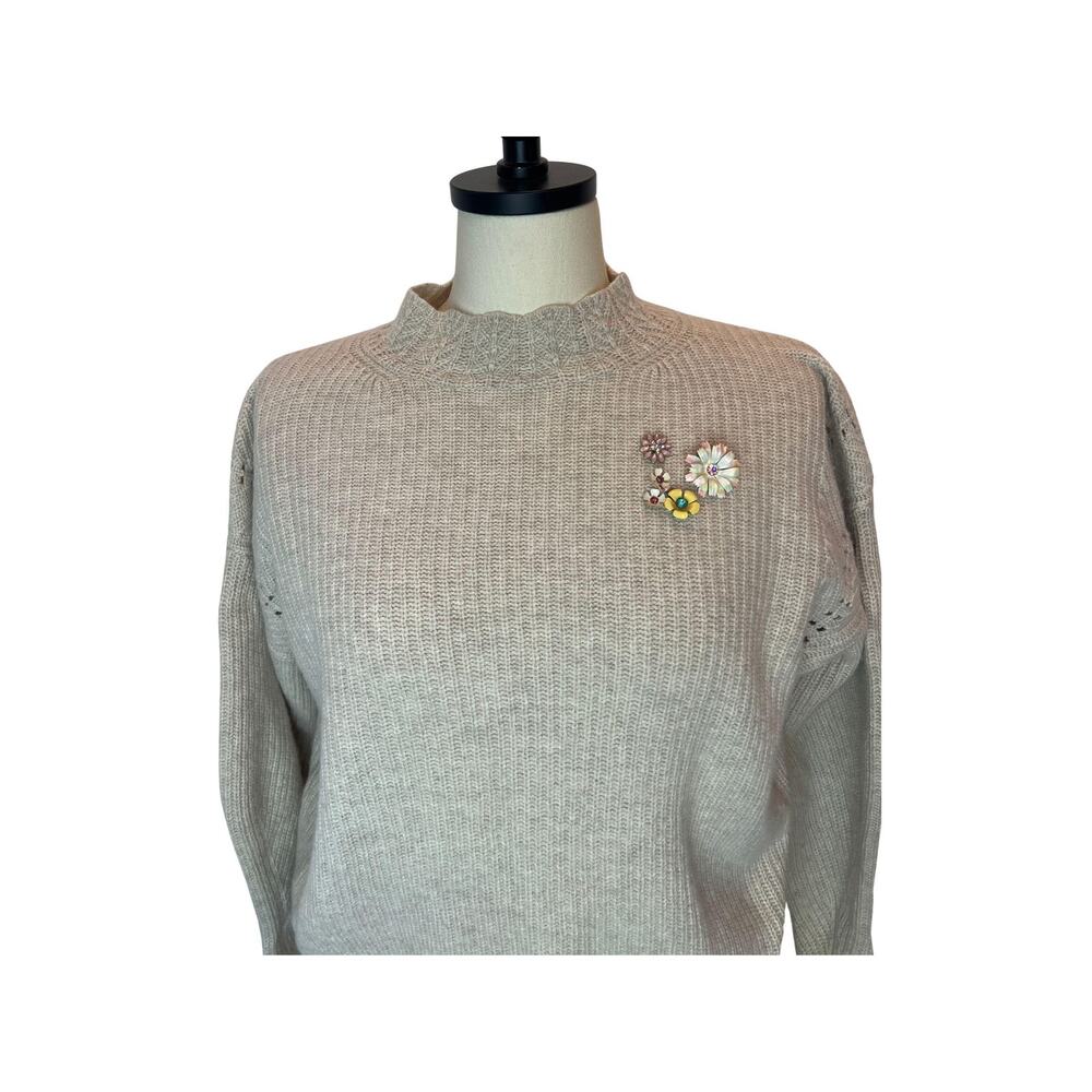 Womens Upcycled Wool Cotton Mock Neck Sweater with Vintage Floral Brooches
